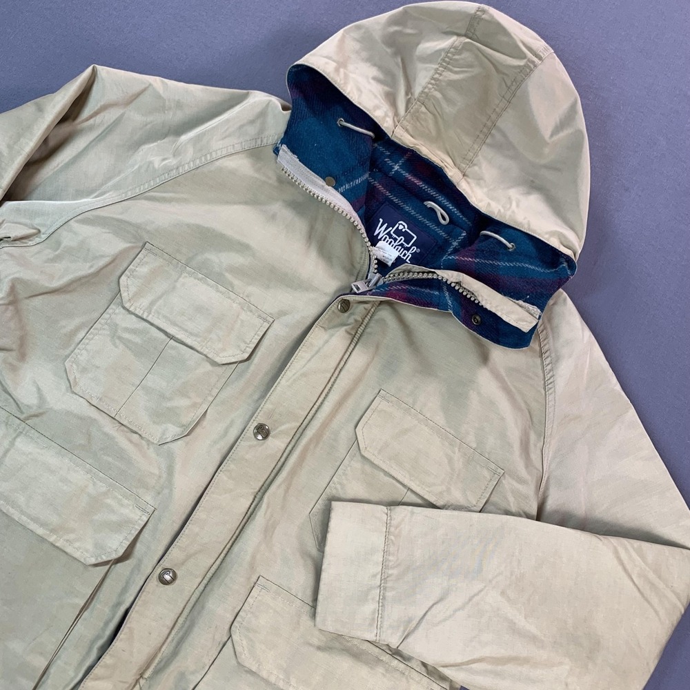Vintage Woolrich Parka Jacket Mens L Beige Hooded Plaid Wool Lined USA 80s 7304